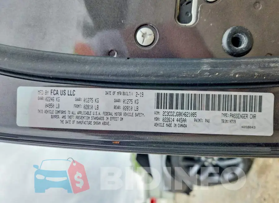 2C3CDZJG8KH621085 Photo# 13