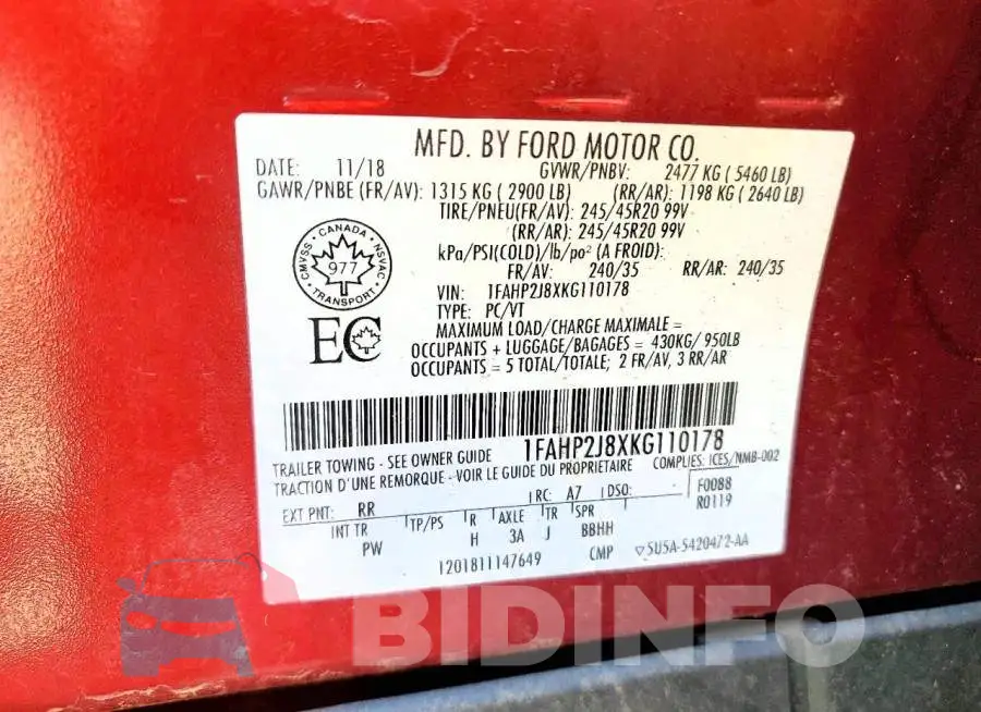1FAHP2J8XKG110178 Photo# 13