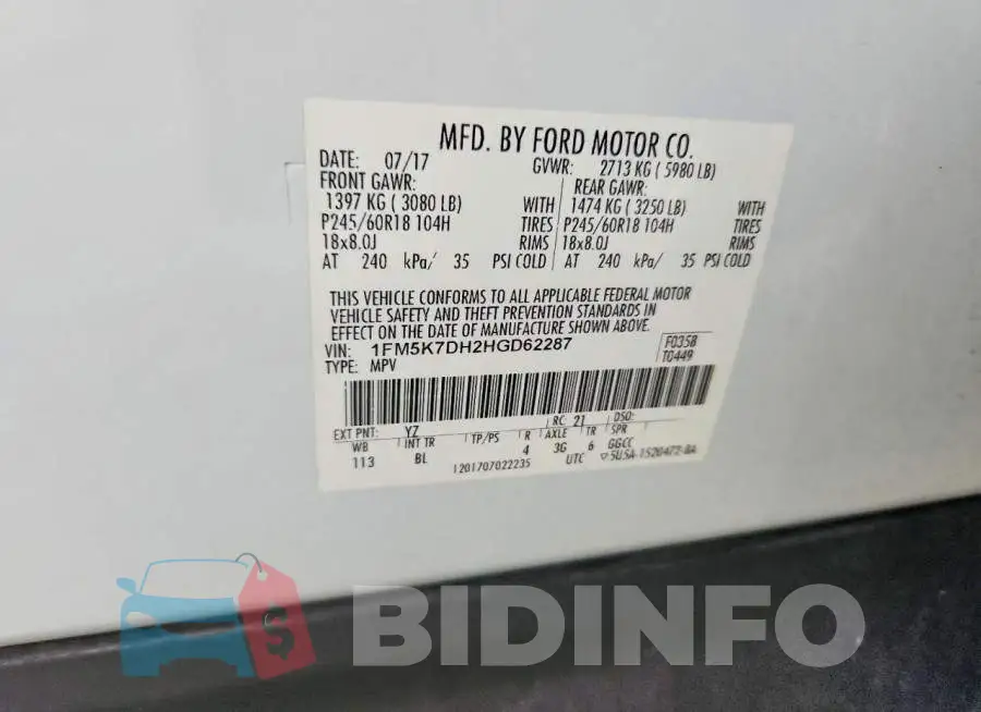 1FM5K7DH2HGD62287 Photo# 13