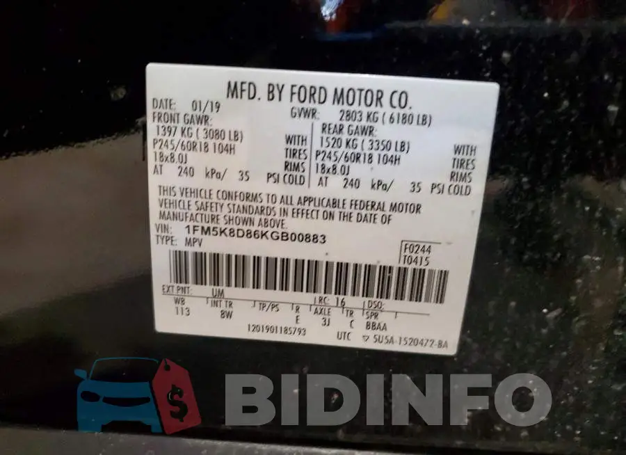 1FM5K8D86KGB00883 Photo# 14