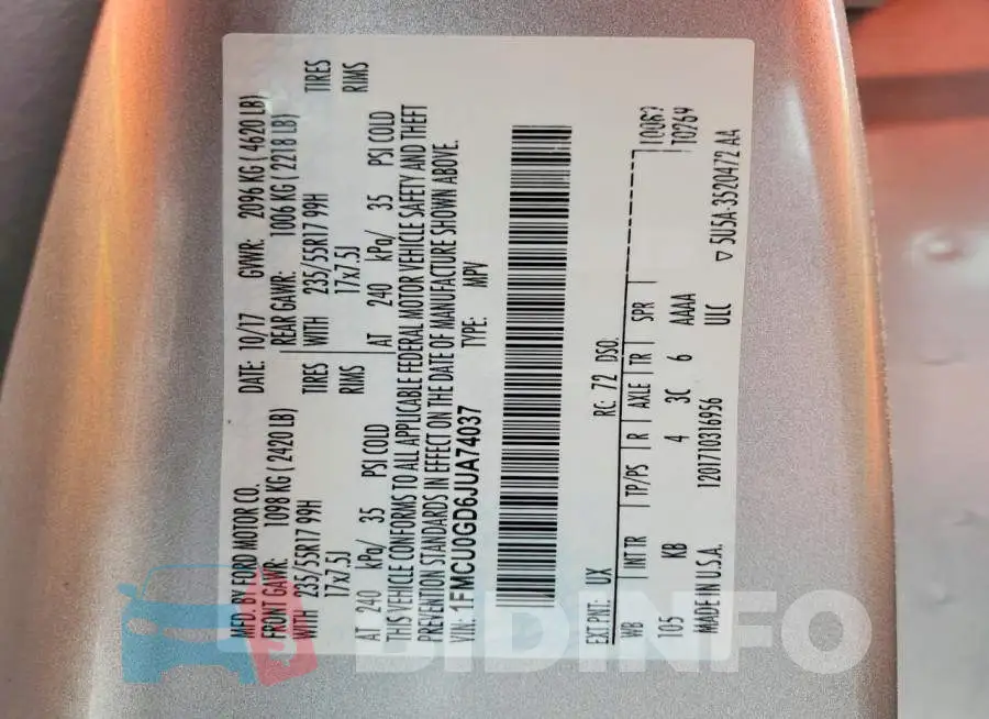 1FMCU0GD6JUA74037 Photo# 13
