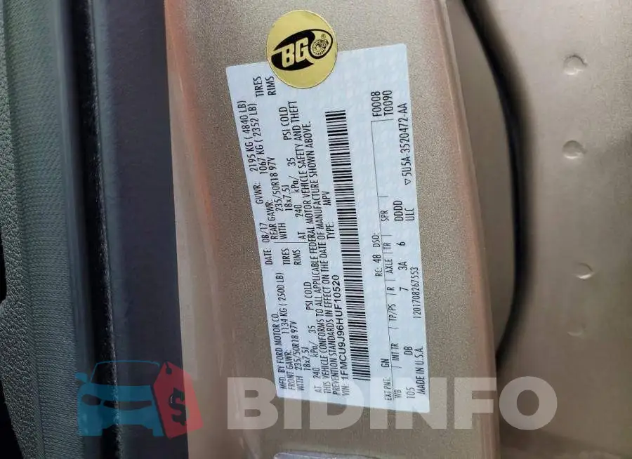 1FMCU9J96HUF10520 Photo# 13