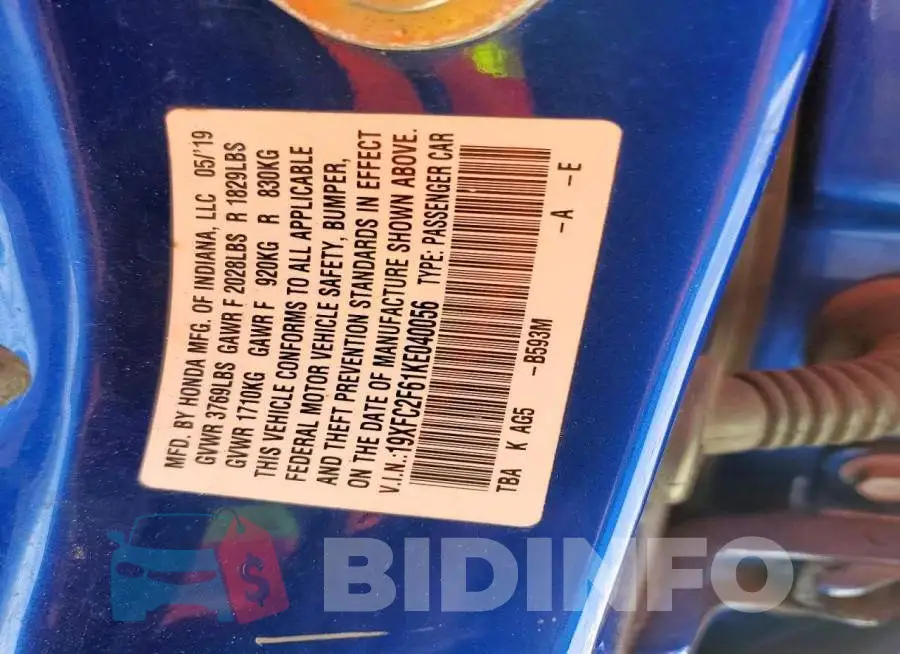 19XFC2F61KE040056 Photo# 13