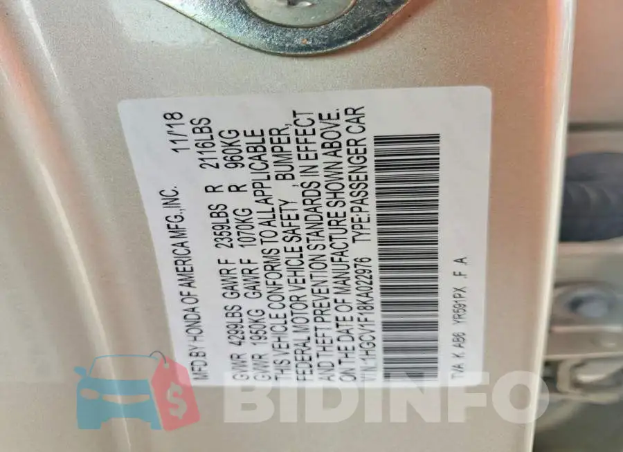 1HGCV1F18KA022976 Photo# 12