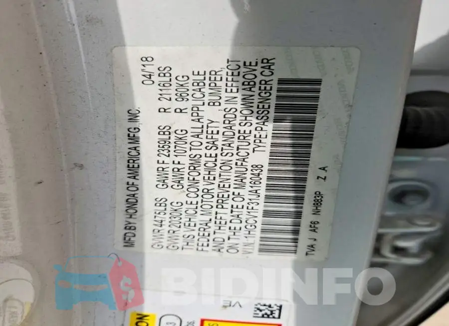1HGCV1F31JA160438 Photo# 13