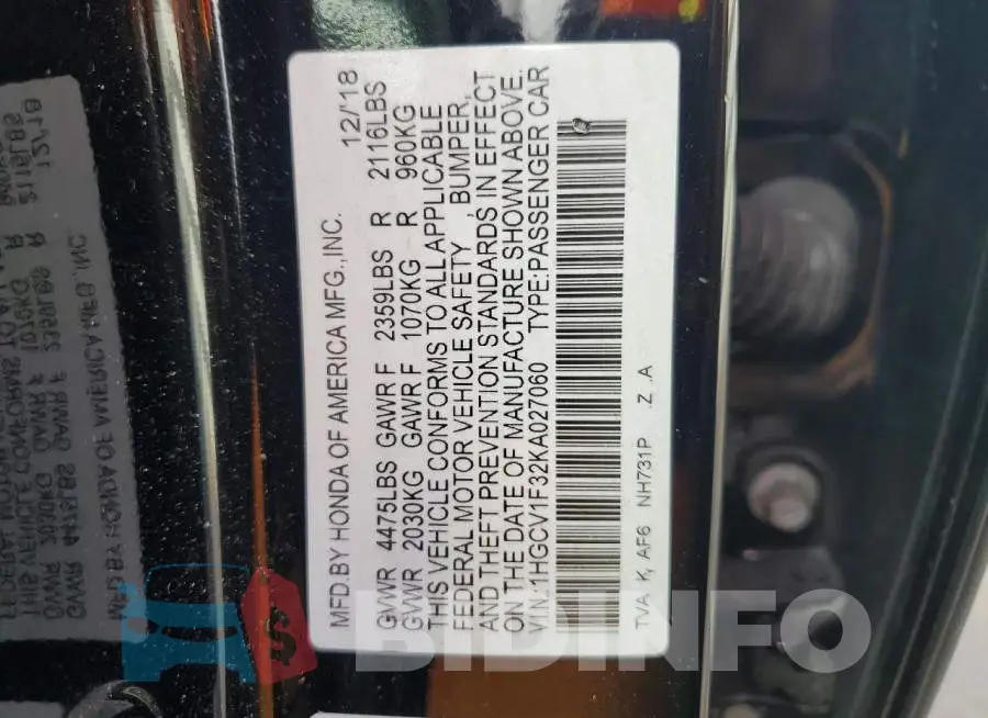 1HGCV1F32KA027060 Photo# 12