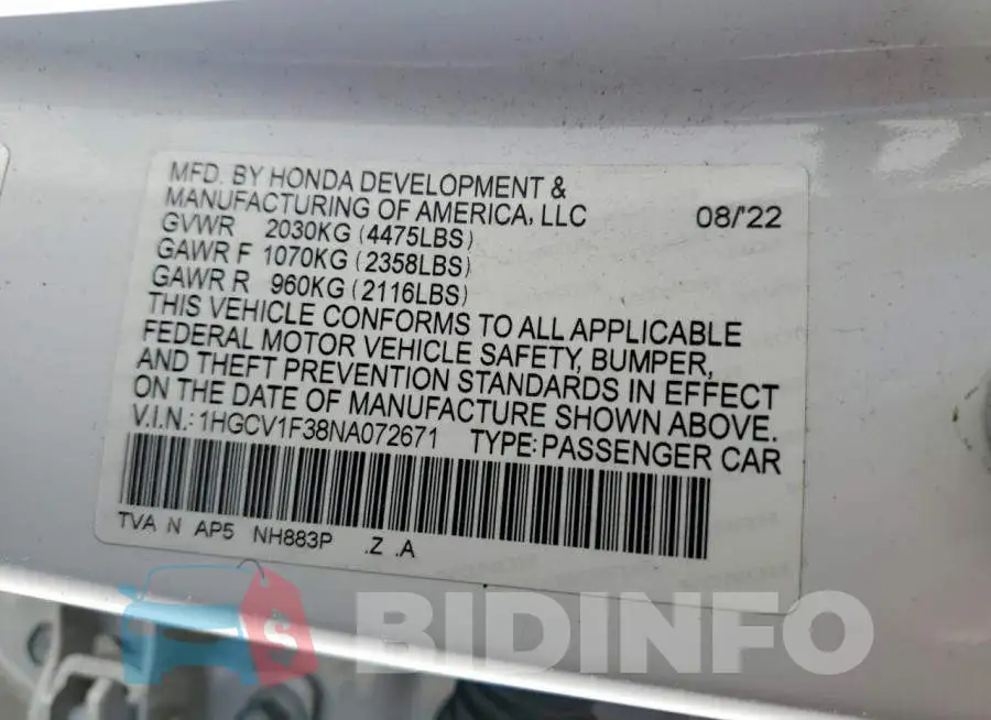 1HGCV1F38NA072671 Photo# 12