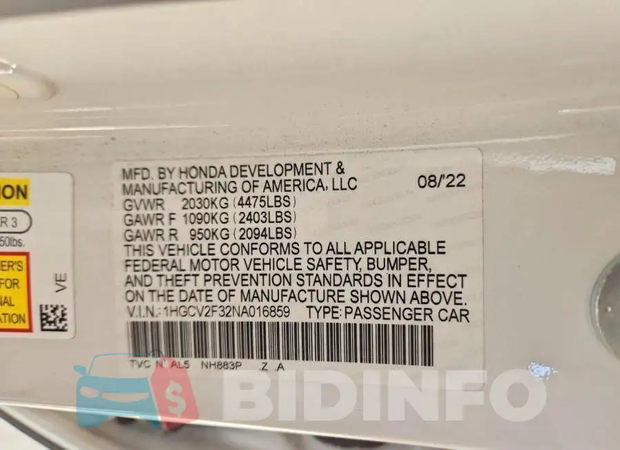 1HGCV2F32NA016859 Photo# 13