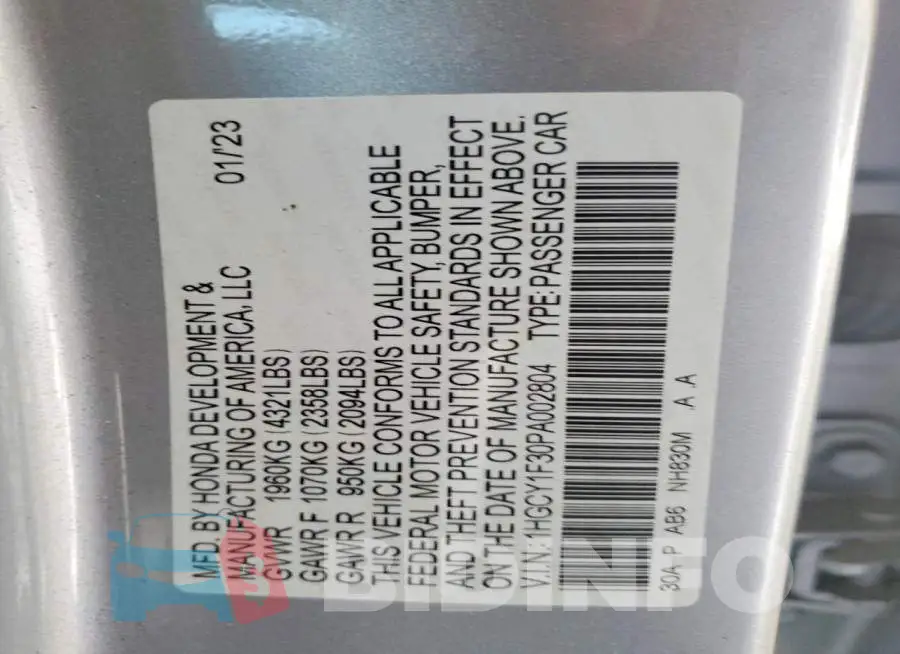 1HGCY1F30PA002804 Photo# 12