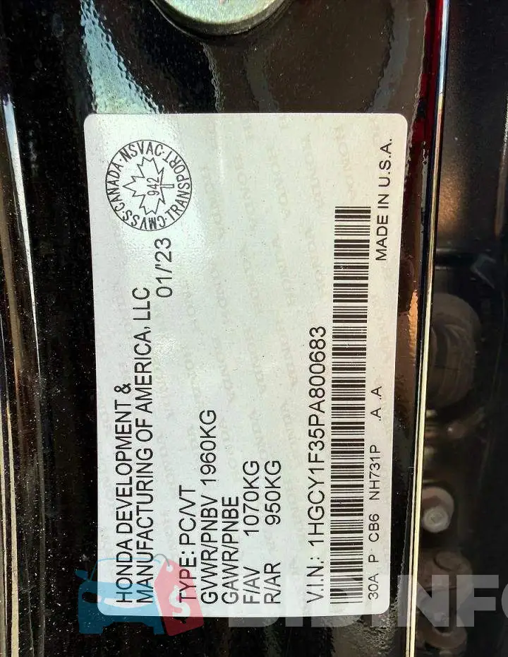 1HGCY1F35PA800683 Photo# 10