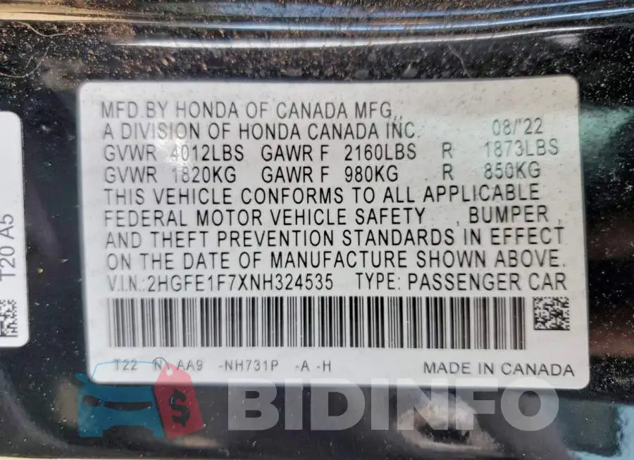 2HGFE1F7XNH324535 Photo# 12
