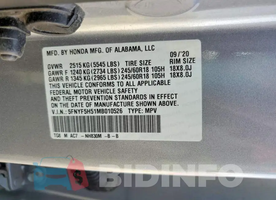 5FNYF5H51MB010526 Photo# 13