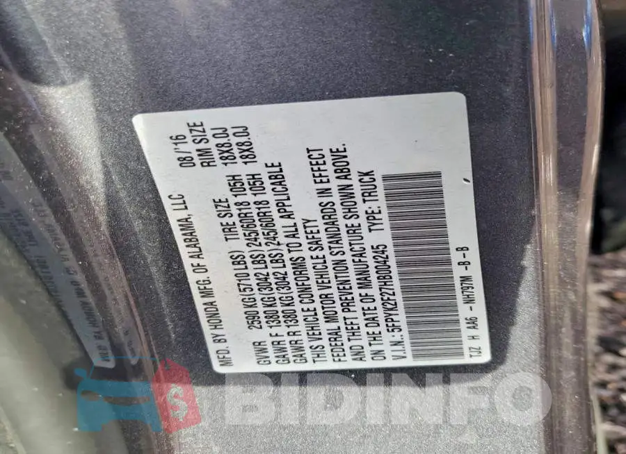 5FPYK2F27HB004245 Photo# 13