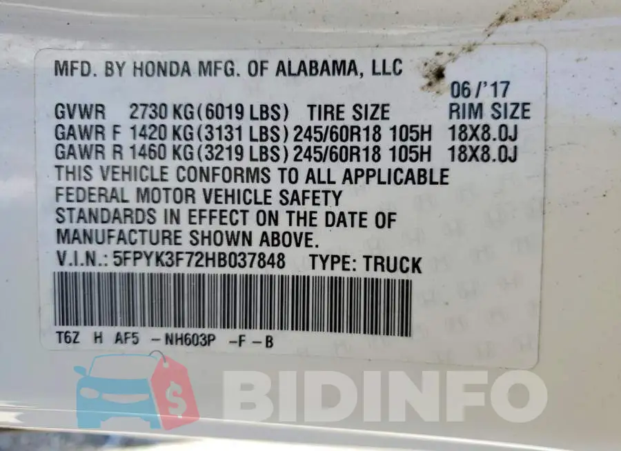5FPYK3F72HB037848 Photo# 13