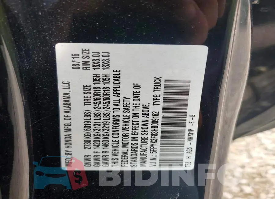 5FPYK3F83HB009162 Photo# 12