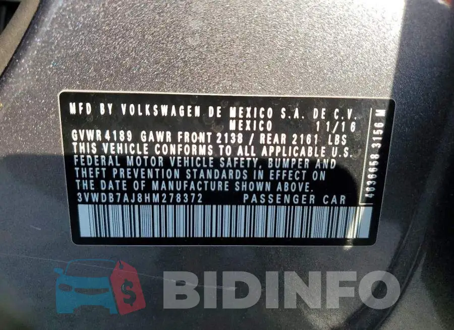 3VWDB7AJ8HM278372 Photo# 12