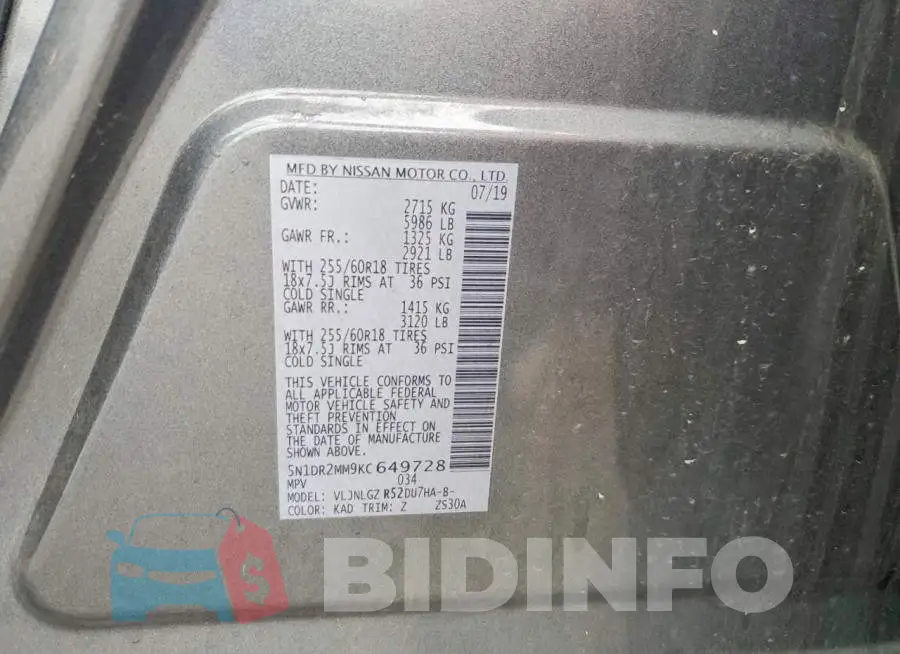 5N1DR2MM9KC649728 Photo# 14