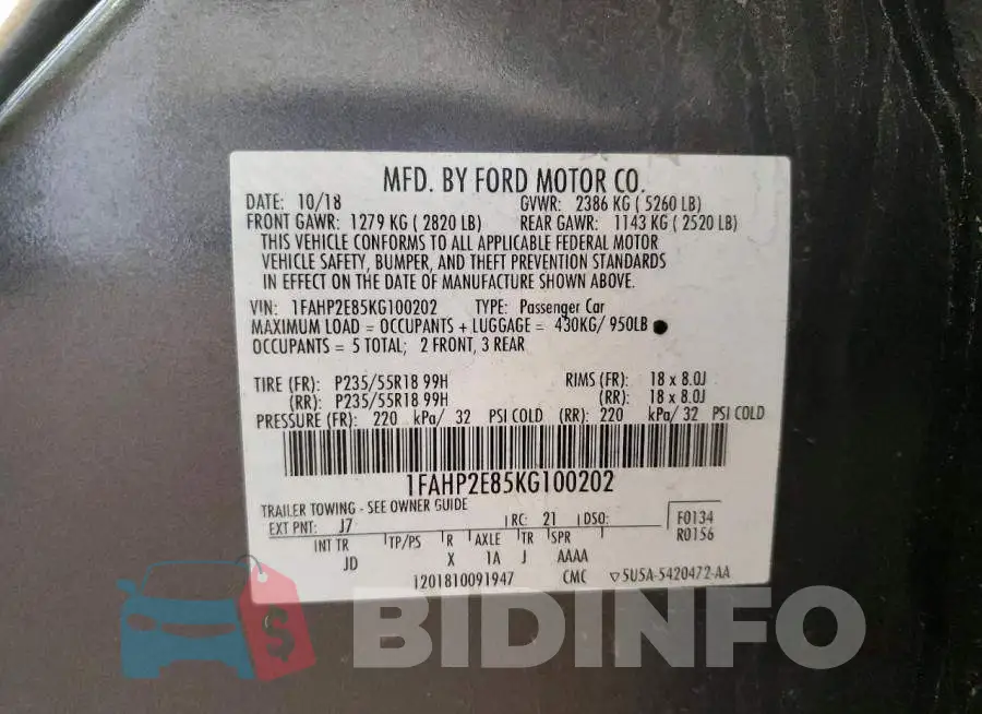 1FAHP2E85KG100202 Photo# 12