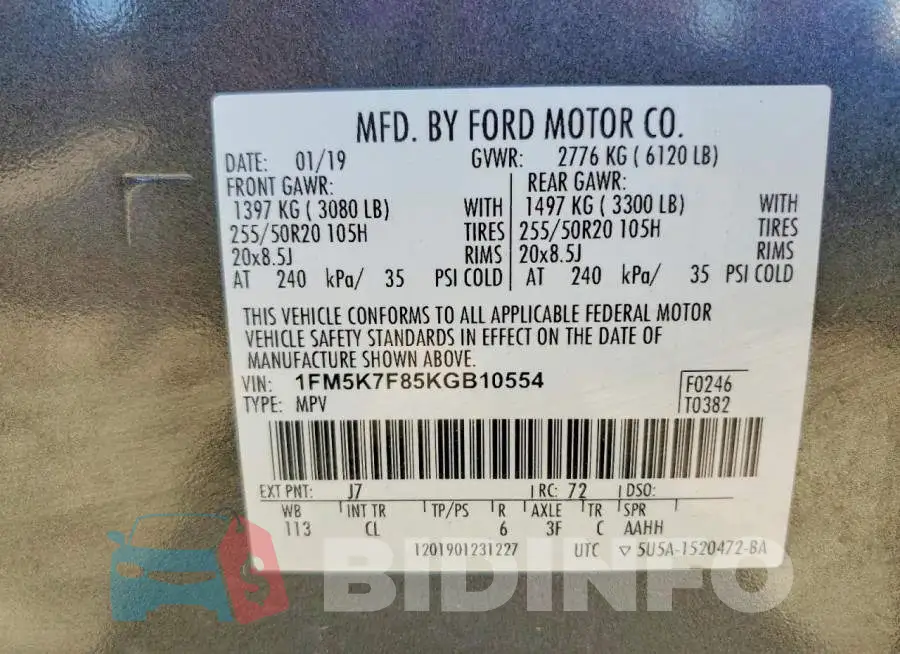 1FM5K7F85KGB10554 Photo# 14