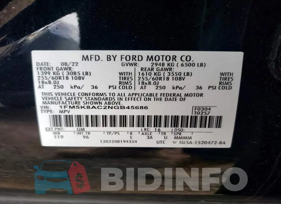 1FM5K8AC2NGB45686 Photo# 14