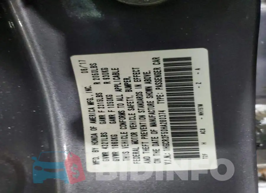 1HGCR2F50HA260374 Photo# 12