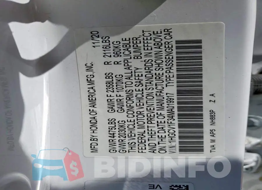 1HGCV1F34MA019917 Photo# 13