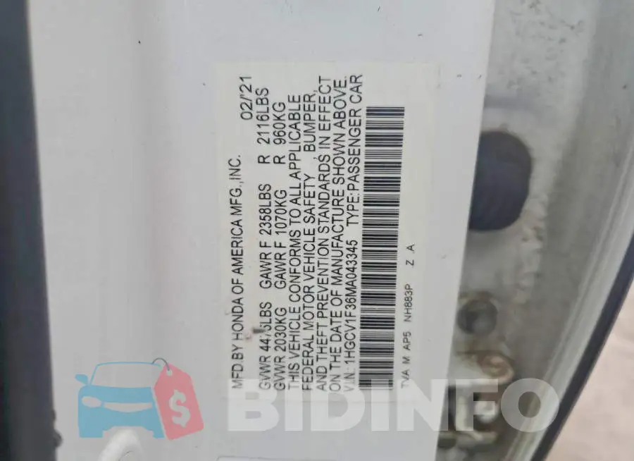 1HGCV1F36MA043345 Photo# 12
