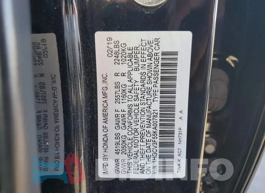 1HGCV3F55KA007821 Photo# 13