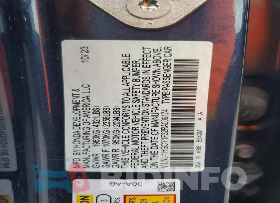 1HGCY1F32RA009174 Photo# 12