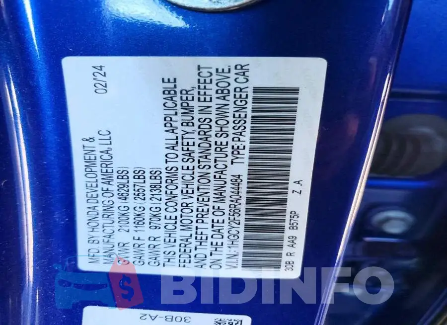 1HGCY2F56RA044484 Photo# 13