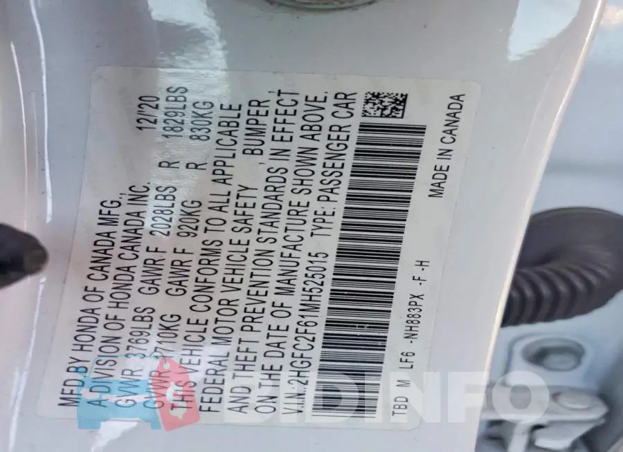 2HGFC2F61MH525015 Photo# 13