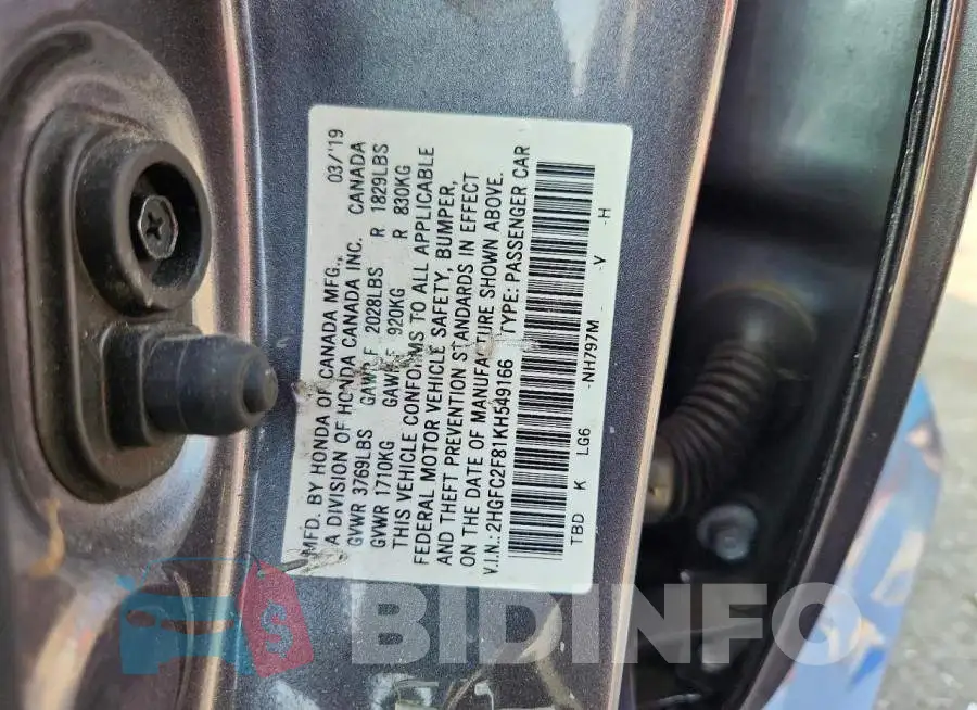 2HGFC2F81KH549166 Photo# 12