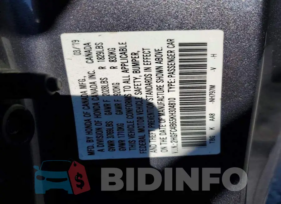 2HGFC4B65KH304810 Photo# 12