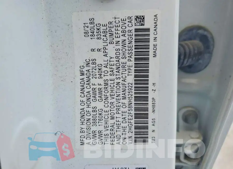 2HGFE2F58NH525922 Photo# 12