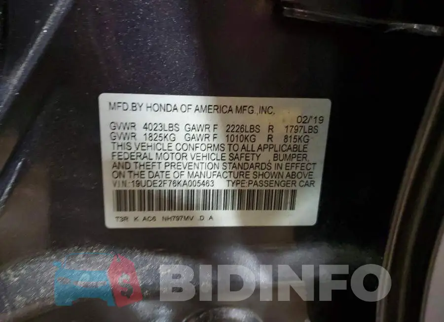 19UDE2F76KA005463 Photo# 12