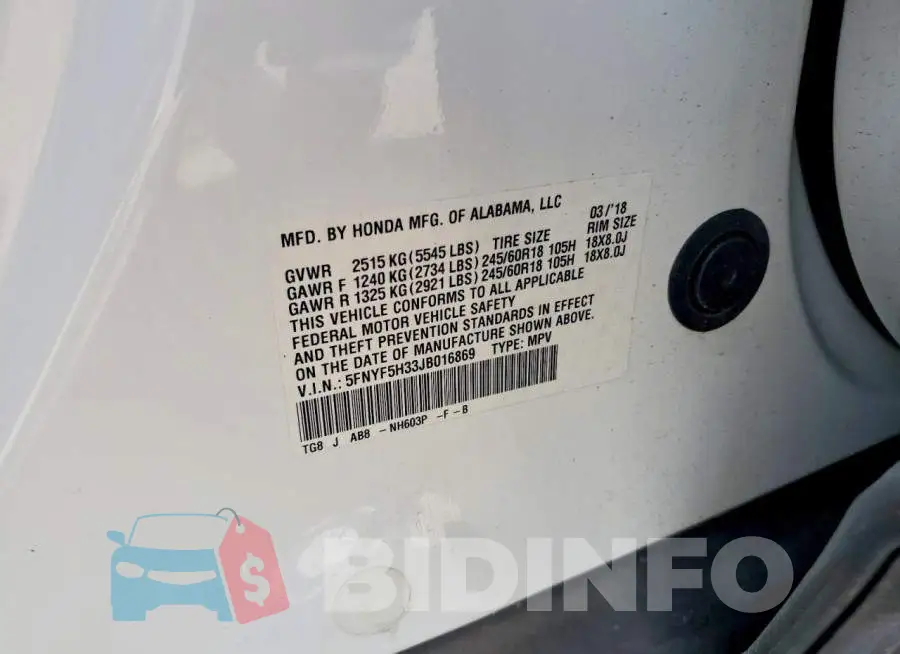 5FNYF5H33JB016869 Photo# 13