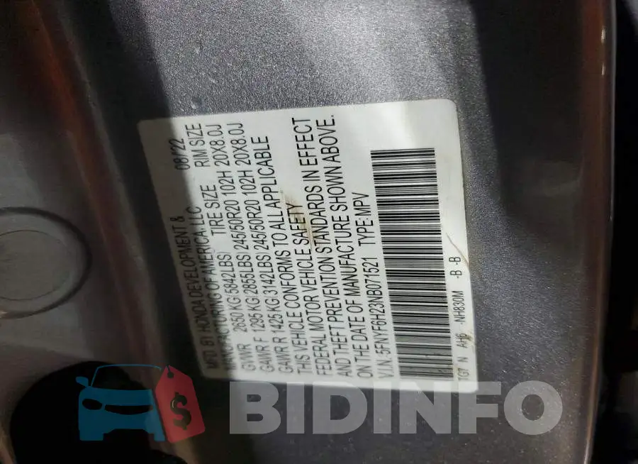 5FNYF6H23NB071521 Photo# 13