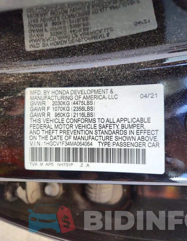 1HGCV1F34MA064064 Photo# 12