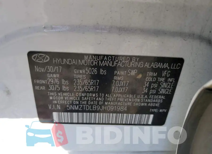 5NMZTDLB9JH091984 Photo# 13
