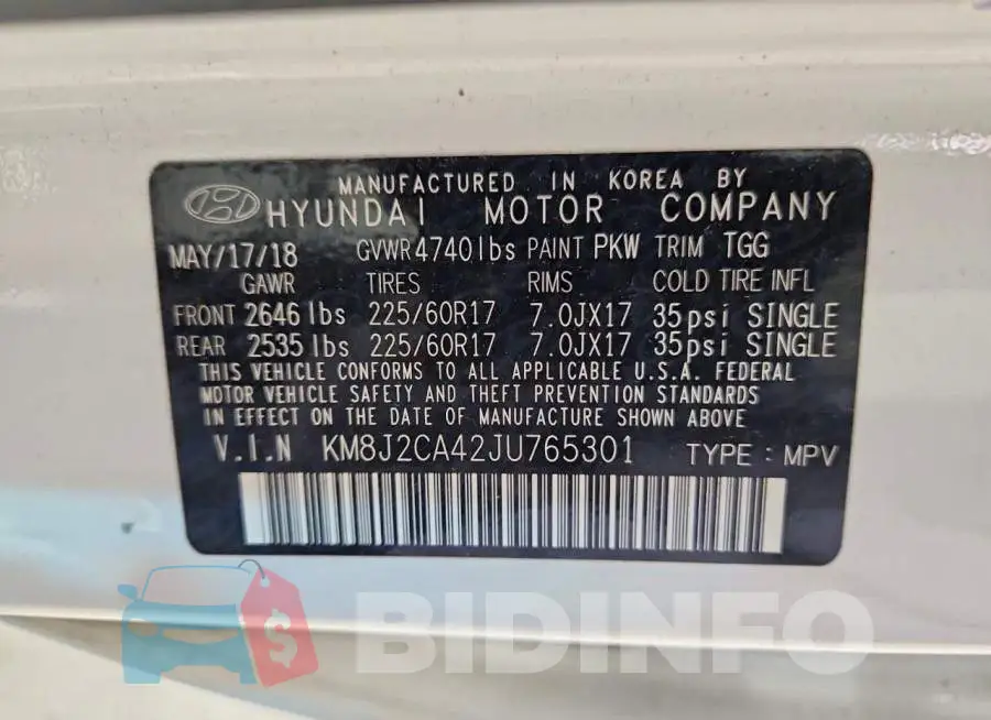 KM8J2CA42JU765301 Photo# 14