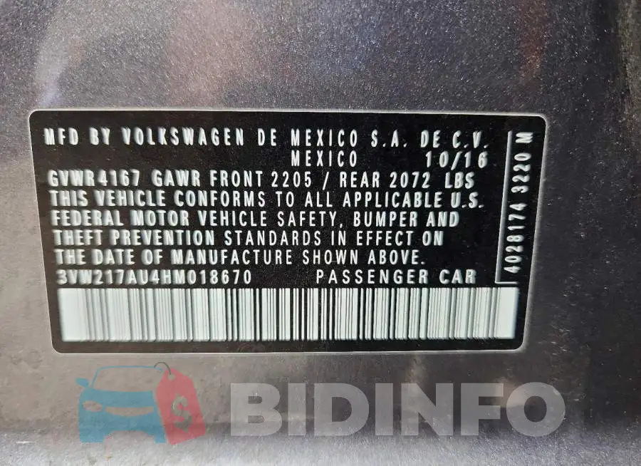3VW217AU4HM018670 Photo# 12