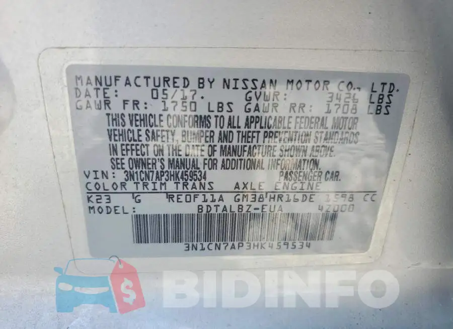 3N1CN7AP3HK459534 Photo# 13
