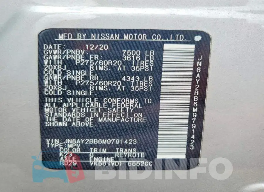 JN8AY2BB6M9791423 Photo# 13
