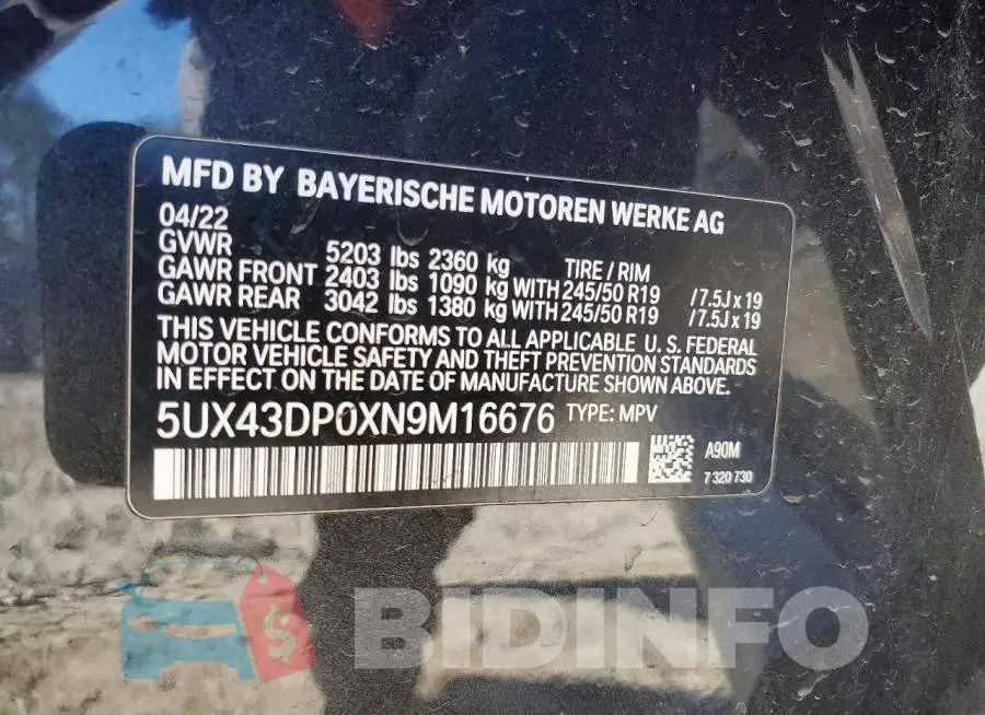 5UX43DP0XN9M16676 Photo# 12