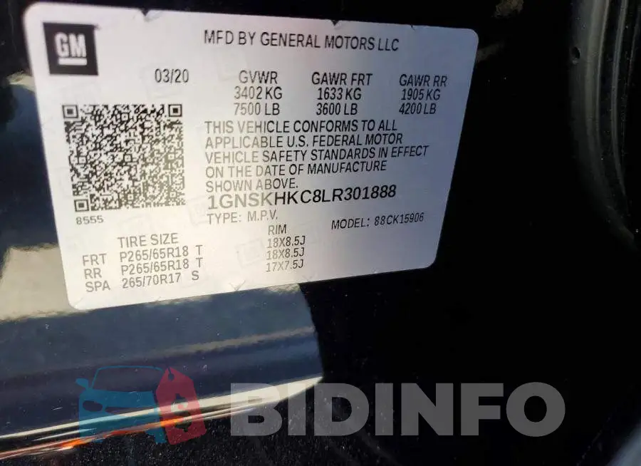 1GNSKHKC8LR301888 Photo# 13