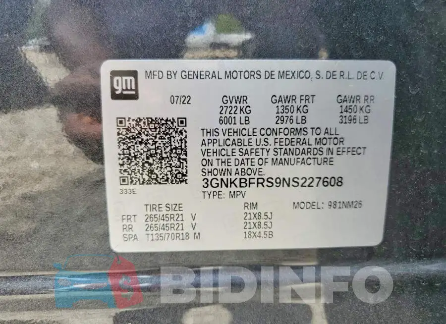 3GNKBFRS9NS227608 Photo# 13