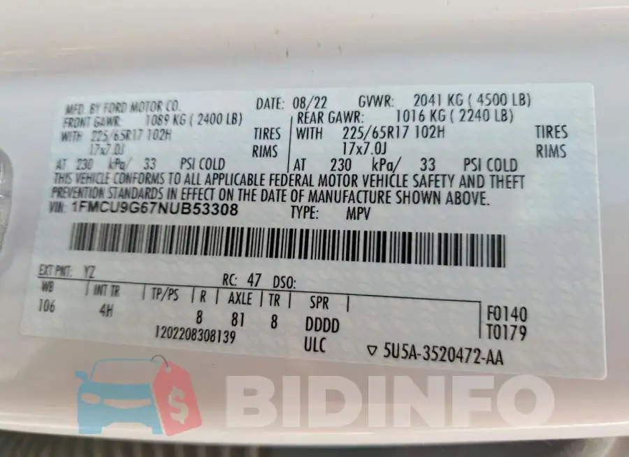 1FMCU9G67NUB53308 Photo# 13