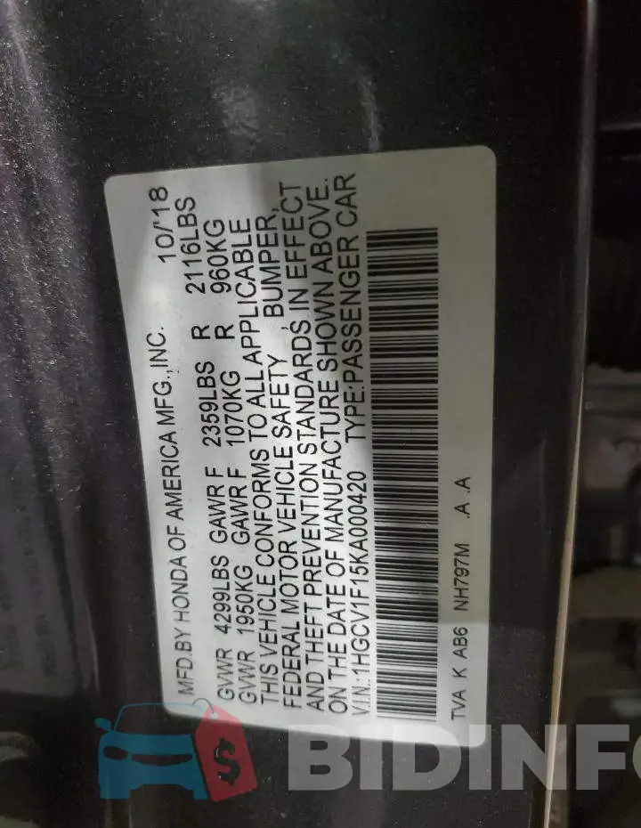 1HGCV1F15KA000420 Photo# 12