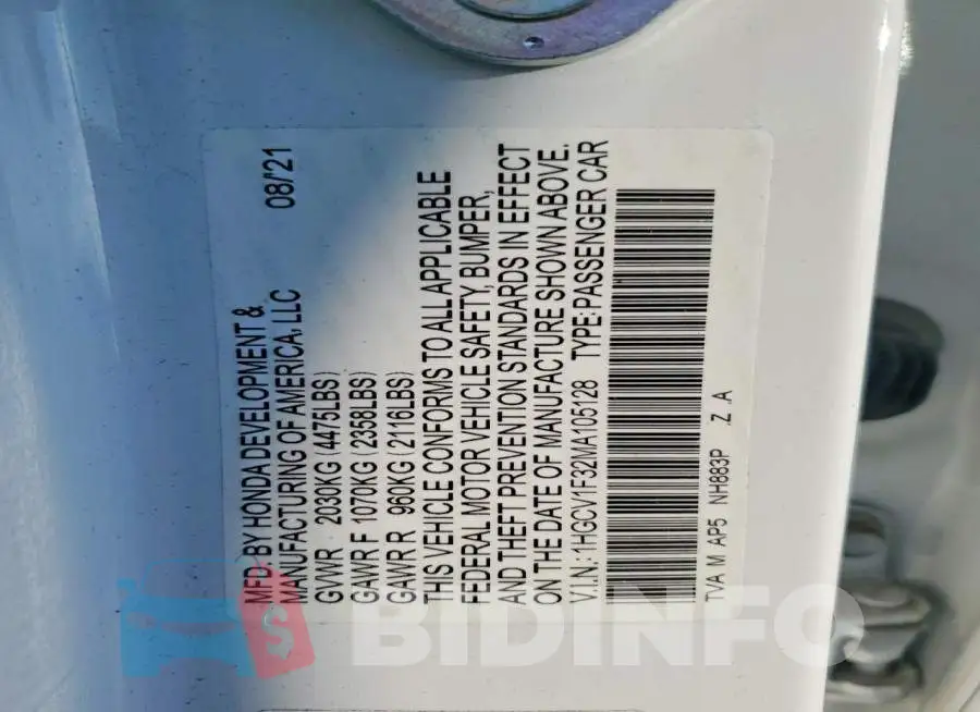 1HGCV1F32MA105128 Photo# 12