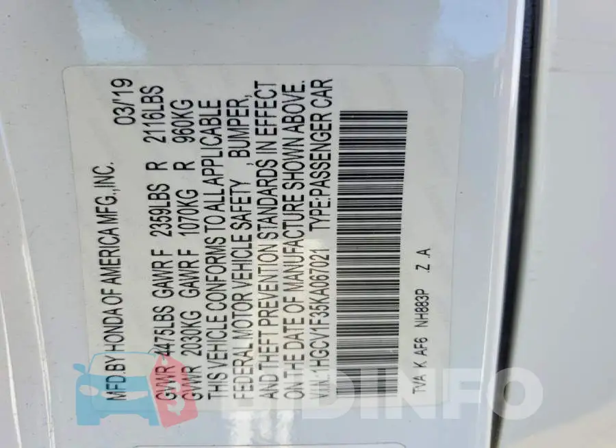1HGCV1F35KA067021 Photo# 12